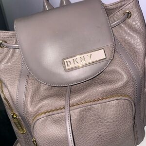 DKNY Taupe Leather Backpack with Gold Accents